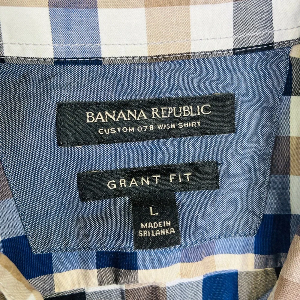 Banana Republic Mens Grant Fit Custom 078 Wash Shirt Blue Tan Check Gingham